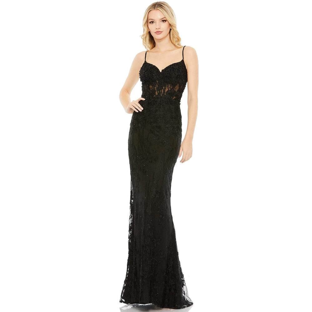 Mac Duggal Embellished Sleeveless Illusion Bodice Gown Black Size 6 NWT